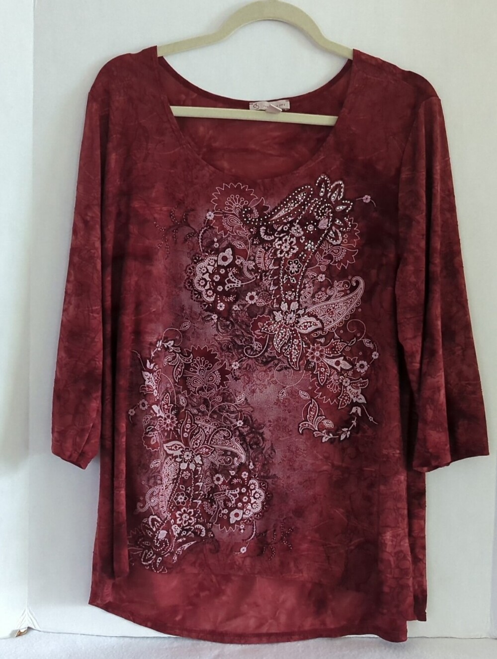 Dress Barn Reddish Orange Stretchy Embellished Floral 3/4 Sleeve Top Size 2X